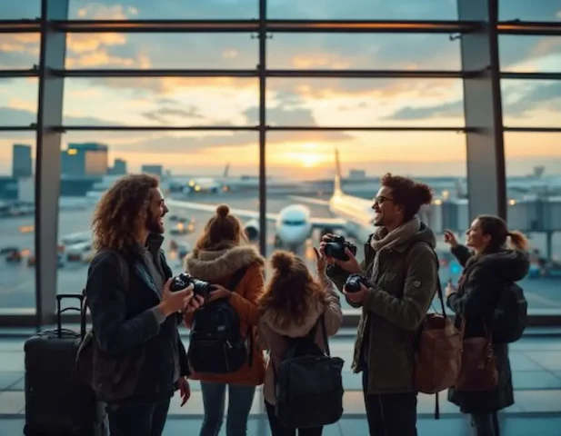 Travelers cameras airport sunset terminal