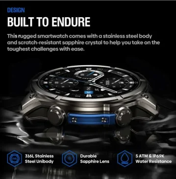 Endurance-focused smartwatch shows scratch-resistant lens and full metal unibody.