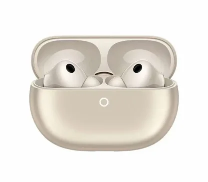 Pearl white charging case opened to show wireless earbuds.