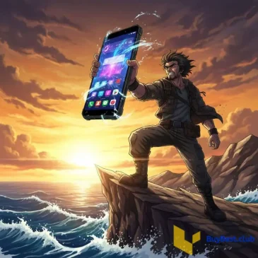 A hero stands on a cliff holding a glowing smartphone against a sunset