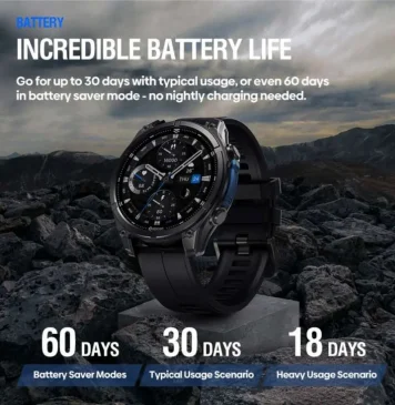 Black smartwatch on rocky pedestal shows 60-day battery saver mode, 30 days typical use, 18 days heavy use.