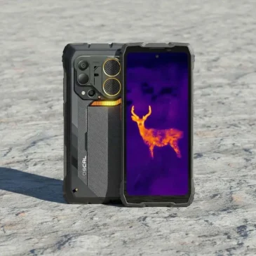 A rugged smartphone displaying a thermal image of a deer, showcasing its durability and advanced imaging capabilities.
