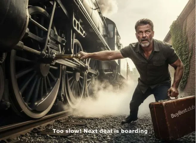 Anime style scene of a customer chasing a fast-moving steam train, representing an expired bbc flash sale