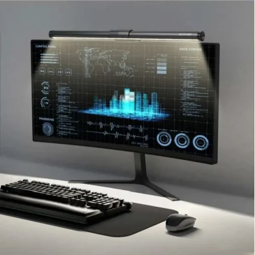 BlitzWolf BW-CML2 monitor light bar installed on a computer screen in a modern workspace, showing adjustable eye-protection lighting over a mechanical keyboard and mouse.