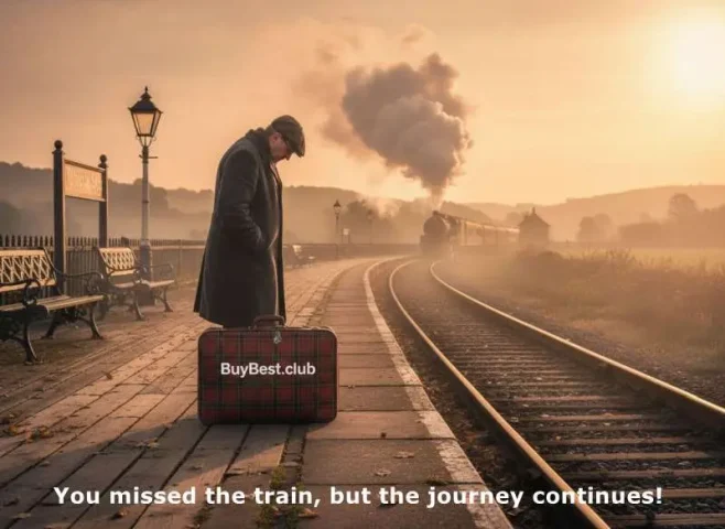 A comic scene of a traveler missing a vintage steam train with BuyBest.club luggage, symbolizing an expired Lenovo ThinkPad laptop deal.