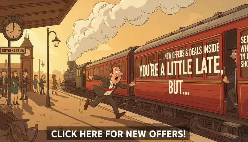 Man chasing vintage steam train with BuyBest.club luggage. This text indicates that a special offer has expired and redirects users to new deals.