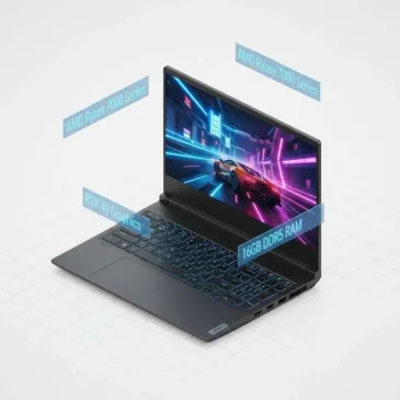 Lenovo Legion gaming laptop with AMD Ryzen 7000 series CPU, RTX 40 series GPU, and 16GB RAM; screen shows neon racing game.