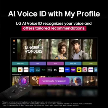 LG TV screen shows AI Voice ID with My Profile feature, recognizing voice for tailored recommendations.