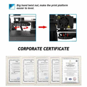 Creality Ender 3D printer shows big hand-twist nuts for easy print bed leveling, before and after views, plus FCC and CE certificates.