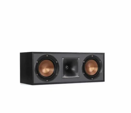 Black Klipsch center channel speaker with two orange woofer cones and a central horn tweeter.
