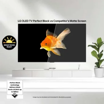 LG OLED TV shows Perfect Black screen next to competitor's matte screen with a goldfish image in a bright room.