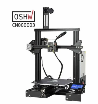 Creality Ender 3 3D printer in black frame with open source hardware labels.
