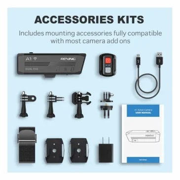 Rexing A1 action camera accessories kit with mounts, remote, USB cable, and manual