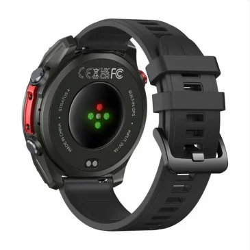 Back view of black Stratos 4 smartwatch with glowing green heart rate sensor and built-in GPS