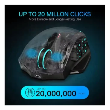 Gaming mouse ad with "Up to 20 million clicks" text and a transparent shell.