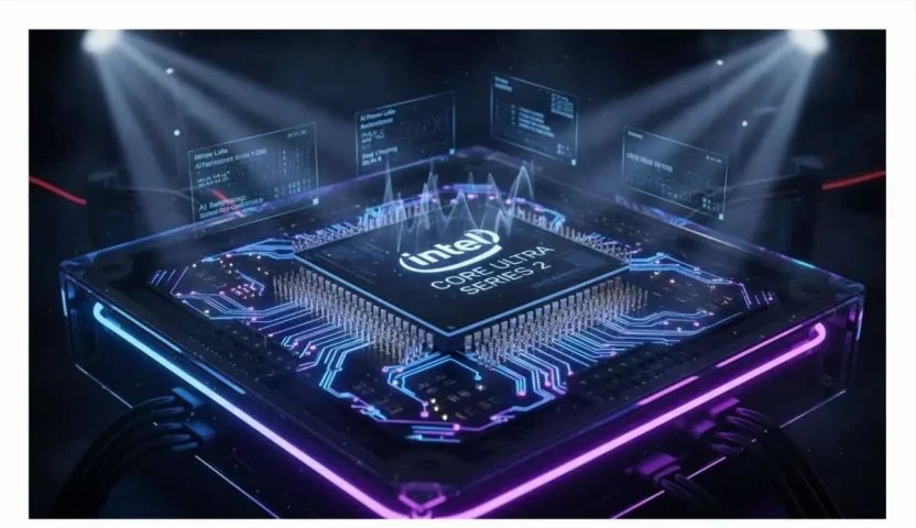 Close-up view of the new Intel Core Ultra Series 2 processor showing the integrated NPU for AI tasks.