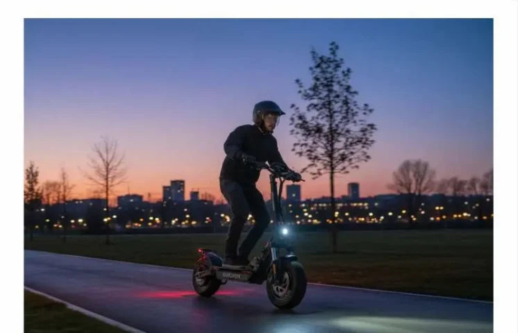 Electric scooter rider in jacket speeds through park at sunset, buildings twinkle in distance.