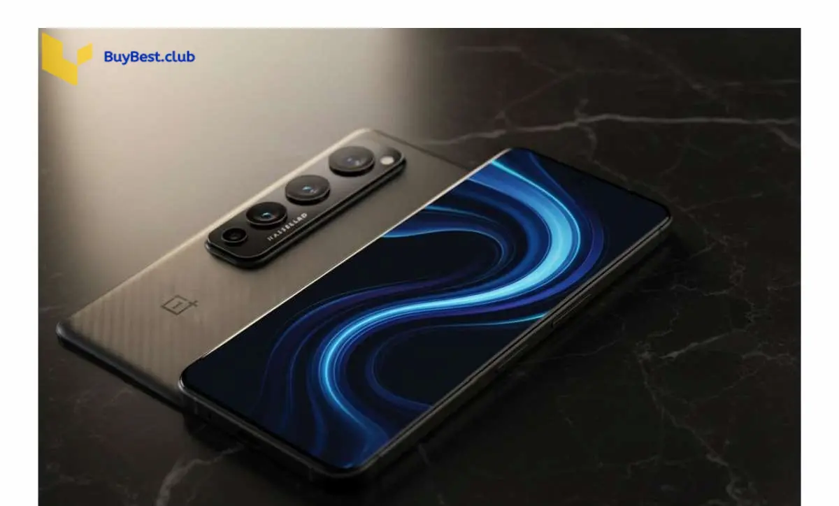 Two angled OnePlus phones on marble surface; one reveals Hasselblad camera array, the other blue abstract screen.