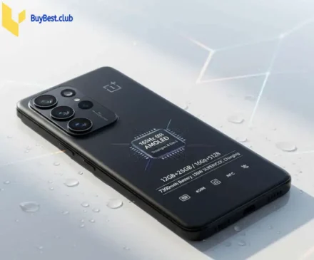 Black OnePlus smartphone rests on a wet white surface, back view highlights triple cameras and specs like Snapdragon 8 Gen 2 chip.