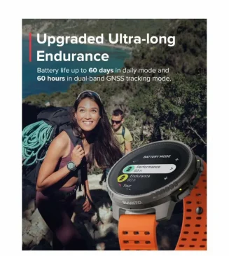 A smiling woman outdoors wearing a Suunto Vertical Titanium Solar Canyon watch on her wrist, highlighting its rugged design and adventure-ready features for BuyBest.club review