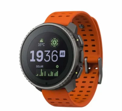 Close-up of the Suunto Vertical Titanium Solar Canyon watch showing its durable titanium bezel and large display, ideal for mountain climbing and endurance sports.