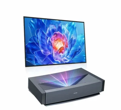Ultimea Thor T60 bundles projector with screen displaying colorful laser flower image.