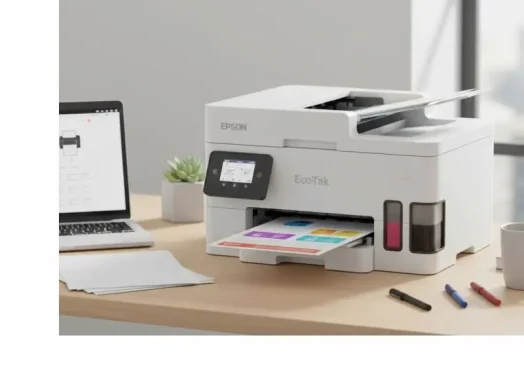 Office desk with an Epson EcoTank printer printing a color page