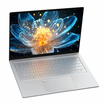 Open silver laptop showing a glowing blue flower wallpaper