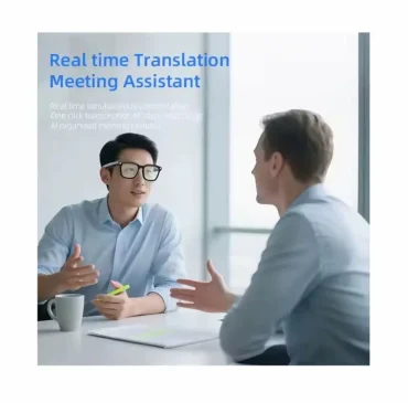 Business meeting scene featuring Lenovo AI Smart Glasses F06 and meeting text.