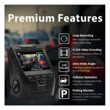 REXING dash cam promo showing premium features and a front screen display.