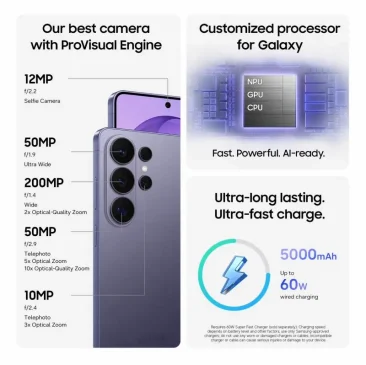 Samsung Galaxy phone promo showing camera, processor, and battery features