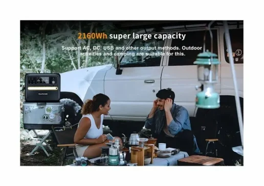 Two people sit at a campsite with a portable power station in the foreground