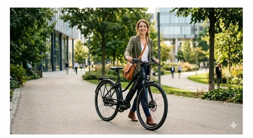 A smiling woman walking with a modern sleek electric commuter bike on a path in a green urban park