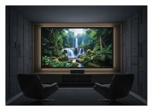 Dark home theater with two chairs and a waterfall on the screen
