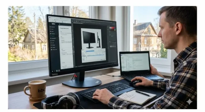 Man editing a product description for a Lenovo ThinkVision monitor in a home office setup with a laptop, headphones, and a coffee mug