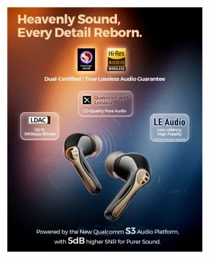 Two black and gold wireless earbuds on a blue and orange background with audio feature badges.