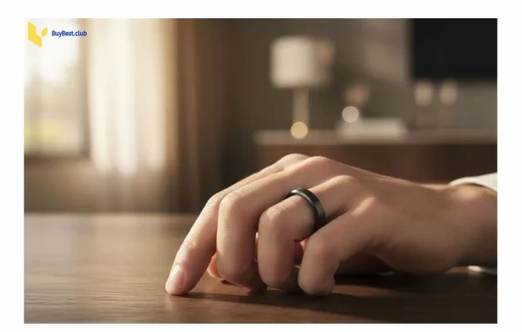 Close-up look of a person wearing a minimalistic sleek Titanium Black Samsung Galaxy Ring on their index finger while resting a hand on a dark wooden table.