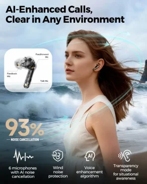 Woman wearing wireless earbuds stands by the ocean with text about AI-enhanced calls and noise cancellation. 