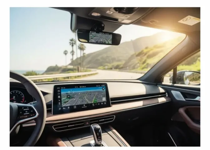 Sunlit car interior with mountains and palm trees outside
