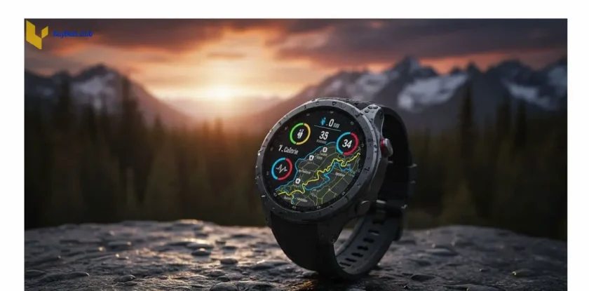 Premium Suunto smart watch on a rugged rock with a Nordic mountain forest background for Memorial Day campaign