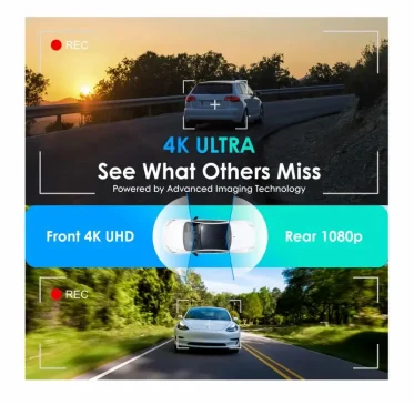 Car camera ad with a sunset road scene and front and rear recording