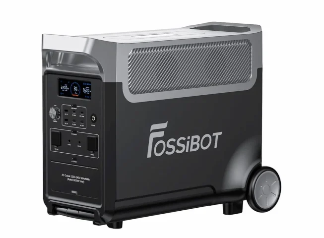 Black and gray Fossibot power station on white background