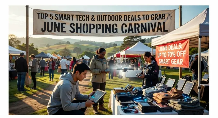 Customers shop at a June shopping carnival with tech and outdoor items.