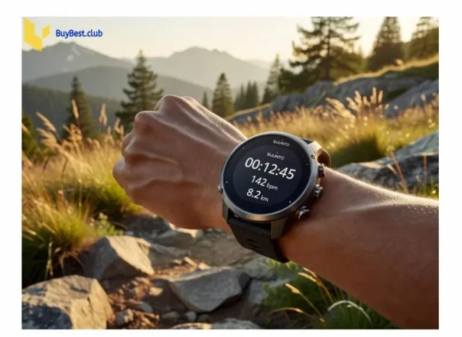 Wrist wearing a Suunto sports watch in a rocky outdoor landscape.