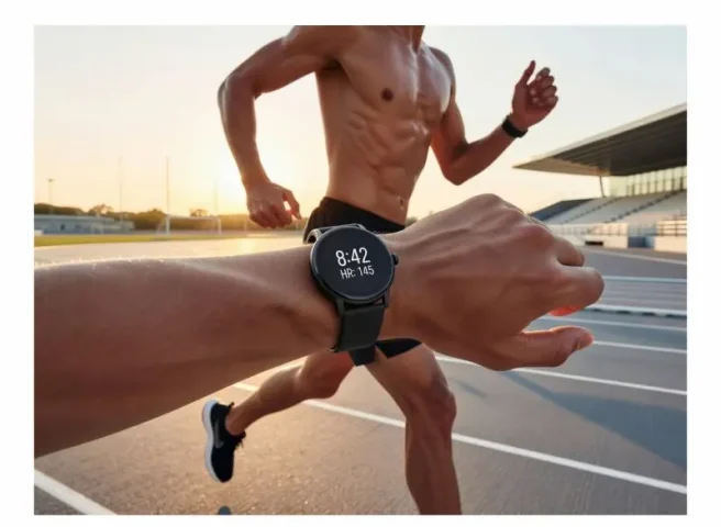 Runner on an outdoor track, seen behind a wrist wearing a smartwatch