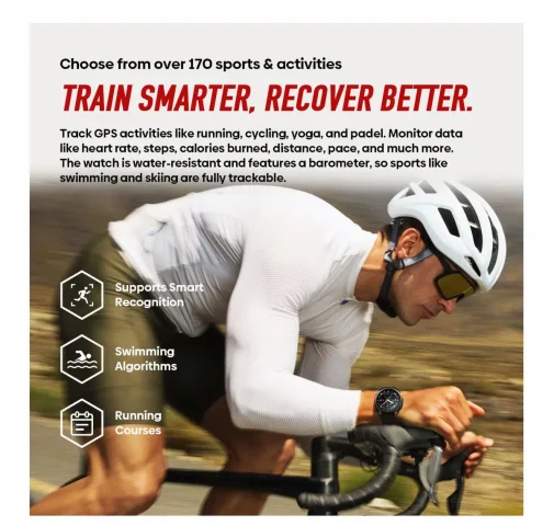Fitness ad showing a cyclist, GPS tracking, and watch activity modes.