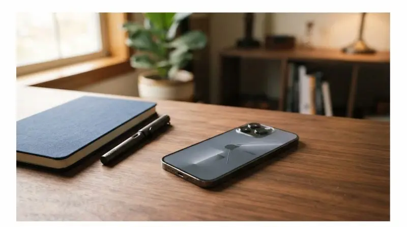 Smartphone on a wooden desk with a plant in the background