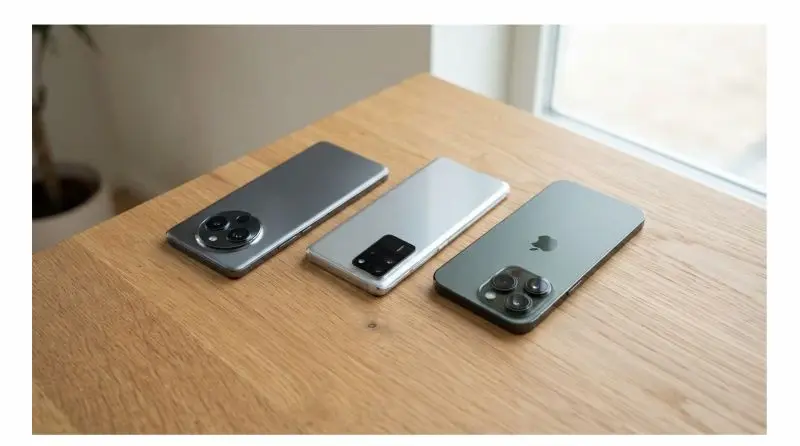 Three phones shown from the back on a light wood tabletop