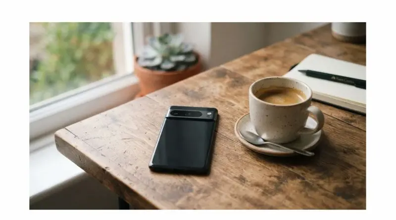 Coffee cup and black smartphone on a sunlit wooden table