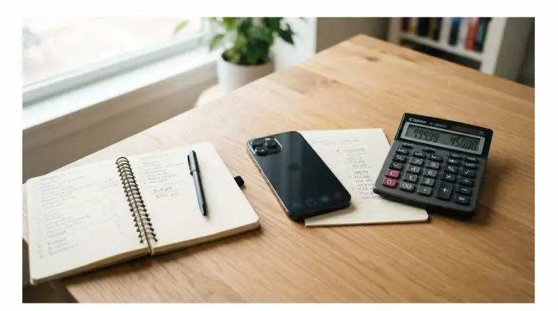 Calculator and smartphone beside a notebook with financial notes